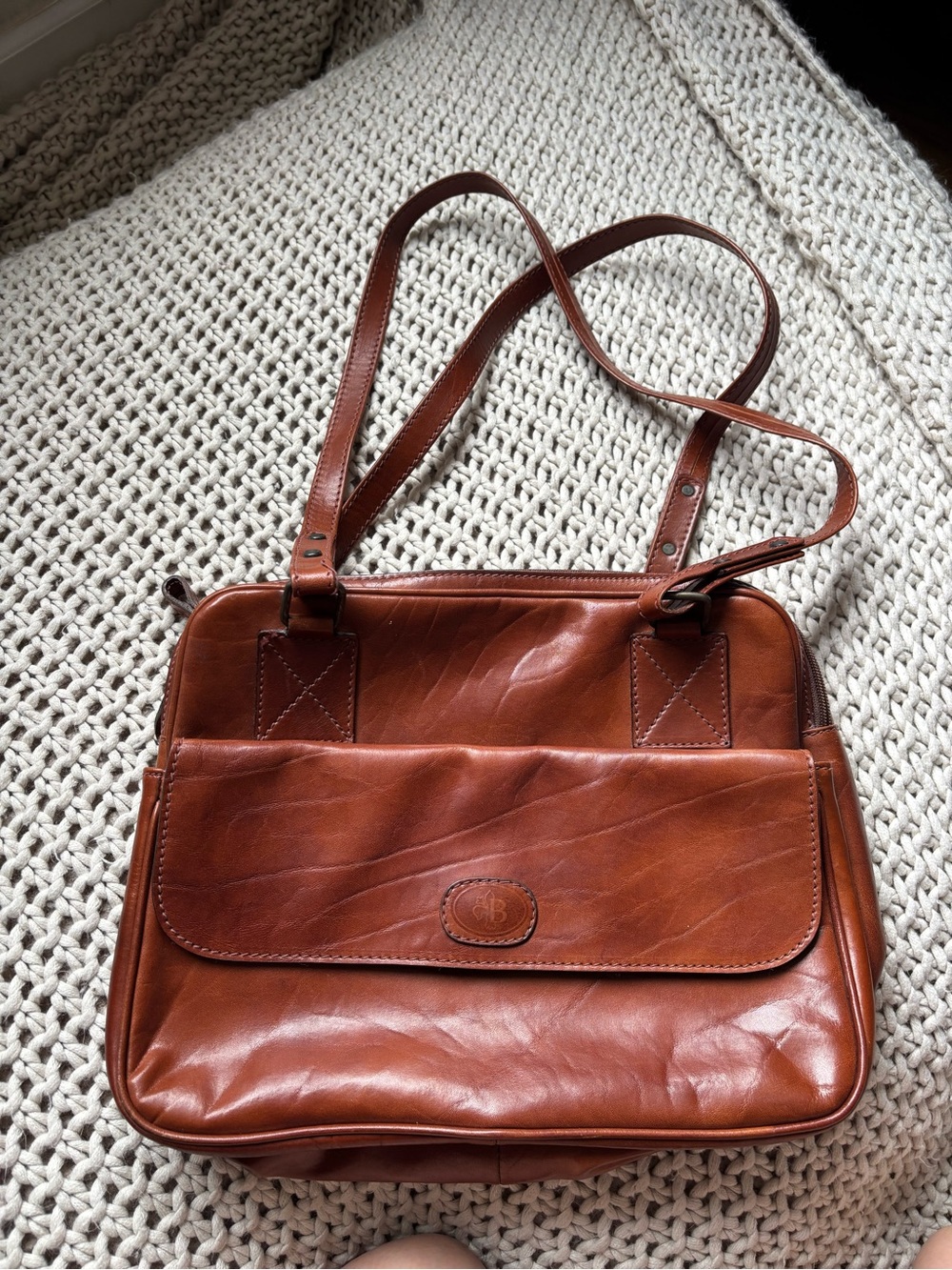 Classic Cognac Leather Shoulder Bag with Front Flap Pocket